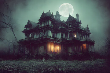 Obraz premium Full moon shines over a creepy haunted house. 