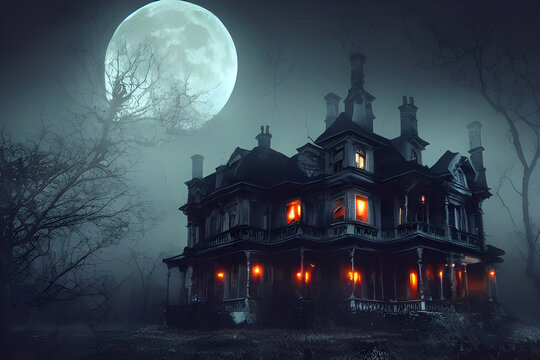 Full moon shines over a creepy haunted house. 