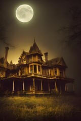 Obraz premium Full moon shines over a creepy haunted house. 