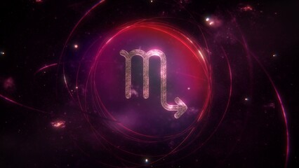 Scorpio zodiac sign as golden ornament and rings on purple violet galaxy background. Illustration concept of mystic astrology symbol and social media horoscope calendar banner artwork with copy space.