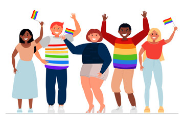 Fototapeta premium Several diverse people with LGBT flags wave their hands and rejoice. Human rights and tolerance. Vector flat illustration isolated on white background. Pride Month.