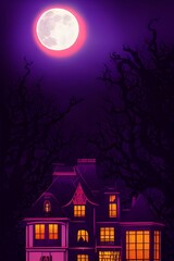 Fototapeta na wymiar Full moon shines over a creepy haunted house. 
