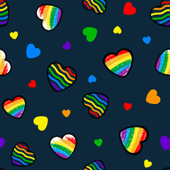 Seamless pattern with rainbow hearts. Colorful hand drawn illustration. LGBT symbol.