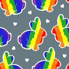 Fototapeta na wymiar Seamless pattern with rainbow rabbits. Vector modern flat illustration. LGBT flag.