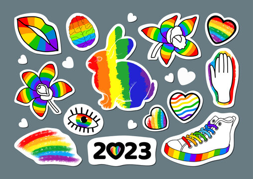 Big set of lgbt stickers 2023. Colorful design of elements and symbols. Hand drawn illustration for pride month. Flowers, rabbit, rainbow-colored brain, eyes, sneakers, hearts.