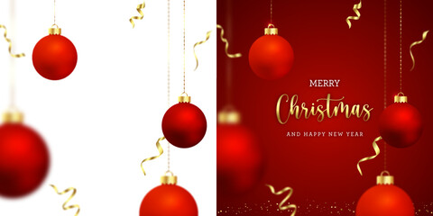Red Christmas greetings card - Christmas decorations, red balls and golden ribbons - red and transparent alpha background - vector illustration