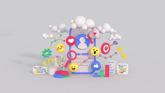 Social media marketing and SEO optimization concept. Emojis are unique design. Minimal cartoon style 3D render animation