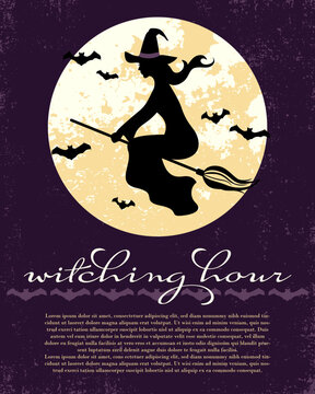Witching hour, flying witch and bats Halloween poster design with copy space
