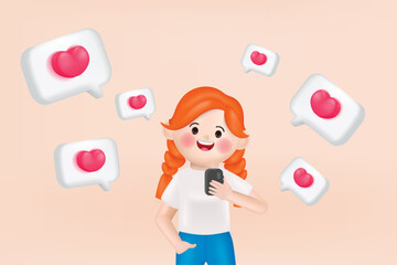 3d vector cartoon woman using mobile phone to communication and social media. 3d vector cartoon people design.