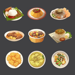 Steamed chicken rice, ketoprak, corn fritters, steamed rice with coconut milk, Chicken braised in coconut milk, vegetable dish cooked with coconut milk. Set of Indonesian food vector illustration.