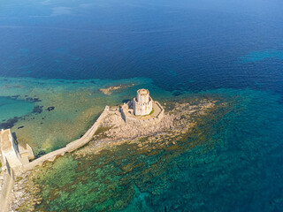 Aerial drone view of the octagonal tower called Bourtzi in Methoni, Messenia, Peloponnese, Greece