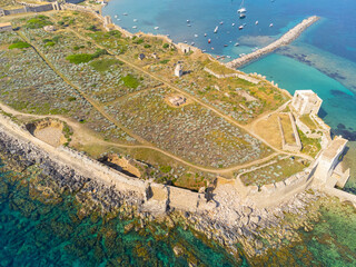 Aerial view of Methoni venetian castle and the Bourtzi tower in Peloponnese, Greece