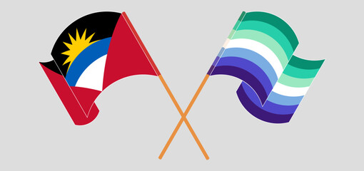 Crossed and waving flags of Antigua and Barbuda and gay men pride