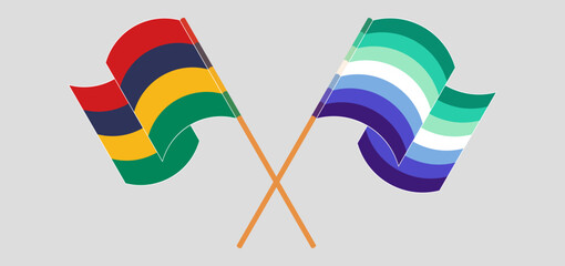 Crossed and waving flags of Mauritius and gay men pride