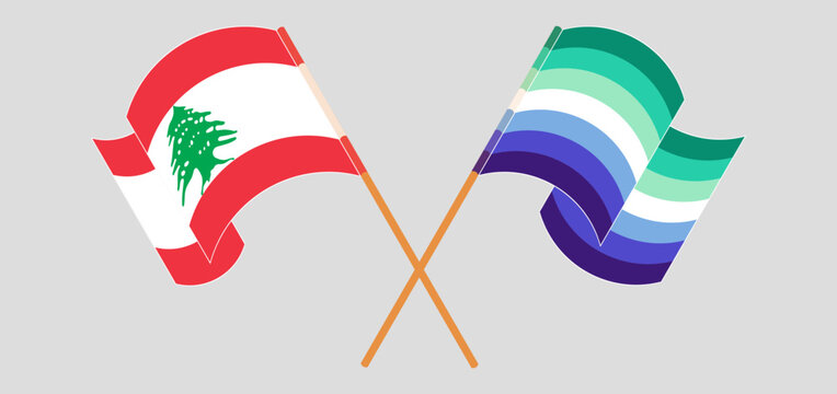 Crossed and waving flags of the Lebanon and gay men pride