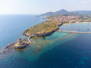 Aerial drone view of venetian castle and the octagonal tower called Bourtzi in Methoni, Messenia,...