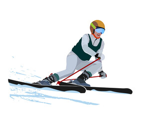 Poster. Advanced woman skiers slides near the mountain downhill. Cross-country skiers. Sports descent on skis from the mountain. Vector illustration.