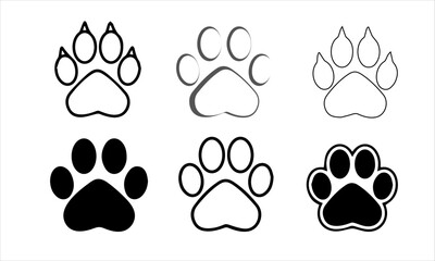 Plakat Set of animal paw print. Dog or cat footprint vector icon illustration Paw prints, icon. Vector paw. Dog, puppy, cat, bear, wolf. Legs. Foot prints.