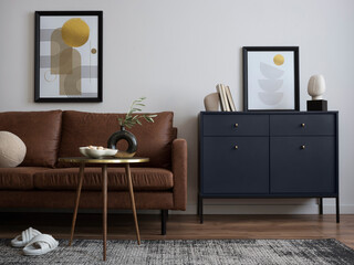 Interior design of harmonized living room with mock up poster frame, brown sofa, navy commode,...