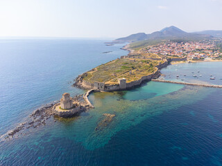 Aerial drone view of venetian castle and the octagonal tower called Bourtzi in Methoni, Messenia, Peloponnese, Greece