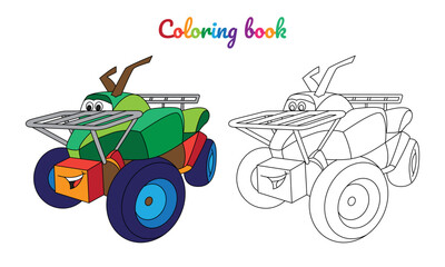 Cartoon quad bike for boys. Small funny vector cute vehicle with eyes and mouth. Comic character for kids on white background. Coloring page for children, color and linear illustration. © Julia.H