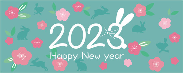 2023 New year decoration illustration. Happy new year lettering decoration with rabbit and flowers. Chinese and asian new year illustration. Vector illustration.