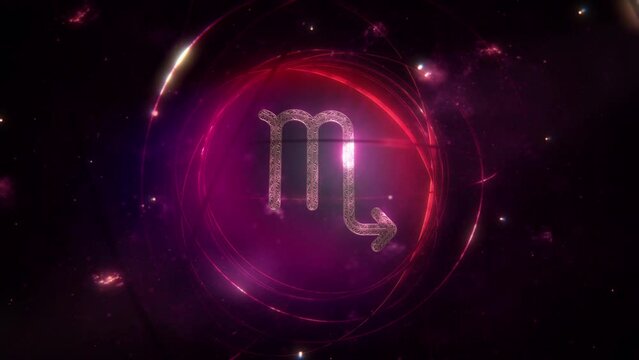 Scorpio zodiac sign as golden ornament and rings on purple violet galaxy background loop. Animation concept of mystic astrology symbol and social media horoscope calendar artwork with copy space.