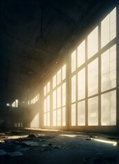 Abandoned factory, ruined and crumbling. 