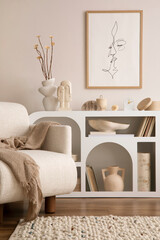 Sunny and bright space of living room with white commode, design armchair, mock up poster frame, carpet, decoration, vase with dried flowers and personal accessories. Design home decor. Template.