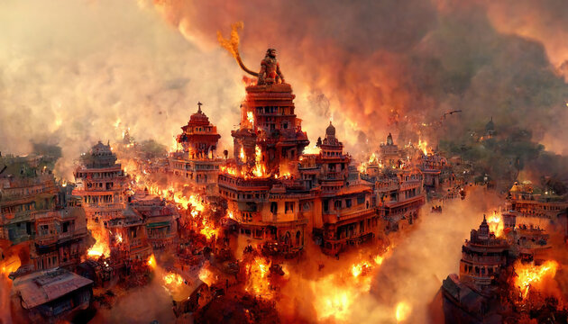 AI generated image of Lanka dahan - the scene from the epic Ramayana where Lord Hanuman sets fire to Lanka. Dussehra celebrations. Diwali. Deepavali. 