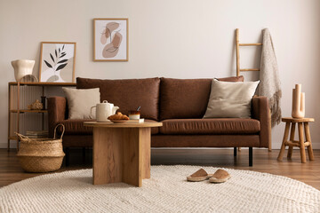 Warm and cozy interior of living room space with brown sofa, round beige carpet, wooden coffee...