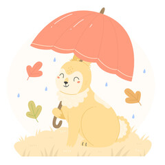 A rabbit with a red umbrella in the rain in a flat cartoon style. Vector autumn children's illustration with a bunny.