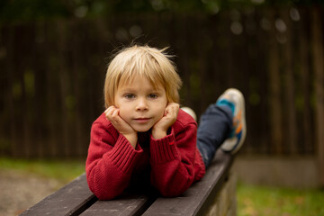Fototapeta premium Autumn portrait of a cute blond toddler child in the park, smiling