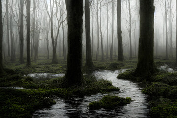 A foggy swamp. Dark and mysterious. 