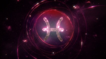 Pisces zodiac sign as golden ornament and rings on purple violet galaxy background. 3D Illustration concept of mystic astrology symbol, social media horoscope calendar banner artwork and copy space. © remotevfx