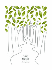 Environmentally friendly concept. Tree crowns, made of green leaves and hand drawn cartoon sketch of tree trunks. Save environment rescue the forests. Plant the tree. Stop deforestation.