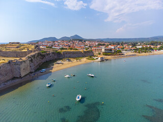 Aerial drone view of venetian castle and a beach in Methoni, Messenia, Peloponnese, Greece