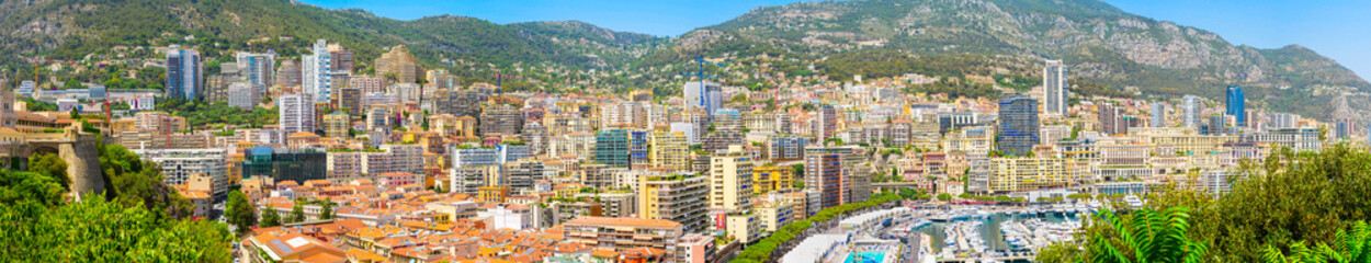 Panoramic view of Monte Carlo, Monaco. France, Mediterranean Sea. tourist attraction, travel guide...