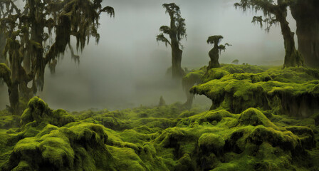Obraz na płótnie Canvas moss covert landscape, lush vegetation in a foggy forest