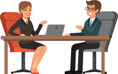 Obraz premium Business meeting. Man and woman sit at table. Work conversation