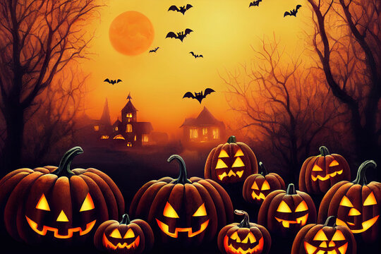 Spooky Halloween Night Wallpaper In The Graveyard . Digital Illustrations.