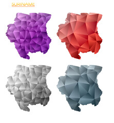 Set of vector polygonal maps of Suriname. Bright gradient map of country in low poly style. Multicolored Suriname map in geometric style for your infographics. Trendy vector illustration.