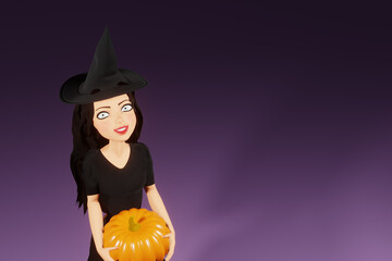 Woman character in witch halloween costume with hat holding pumpkin on dark background. 3d render