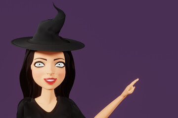 Woman character in witch halloween costume with hat points away on blank space  on dark background. 3d render