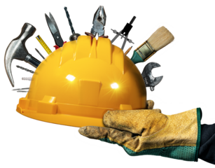 Manual worker with protective work gloves holding an orange safety helmet with many work tools, isolated on transparent background, photography.