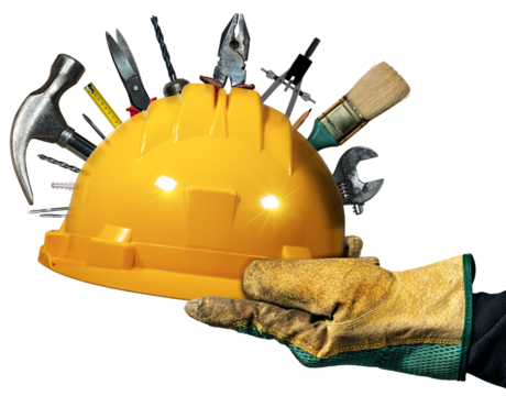 Manual worker with protective work gloves holding an orange safety helmet with many work tools, isolated on transparent background, photography.