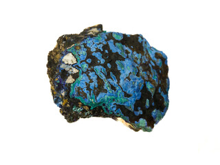 Natural specimen of Malachite (green) and Azurite (blue) minerals - copper carbonate ores in the limonite-goethite rock from Mednorudyanskoe (Cu) deposit, Ural isolated on whte background