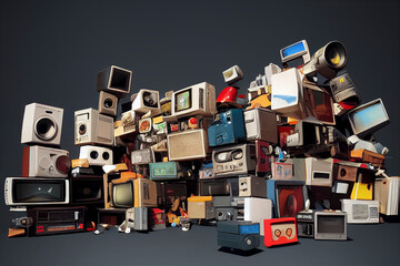 Retro-style illustration of many discarded old TVs and electronics.Lots of analog CRT TVs. Junk electrical appliances.