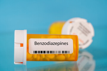 Benzodiazepines. Benzodiazepines pills in RX prescription drug bottle - obrazy, fototapety, plakaty