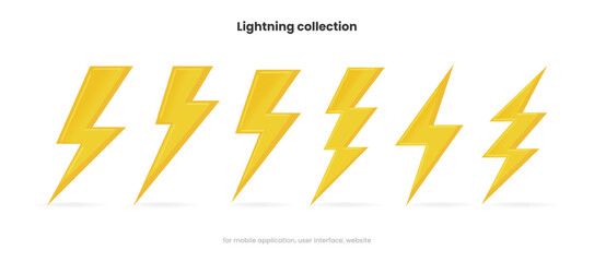 3d thunder bolt vector. Set of flash logo. Lightning icon set. Electrical sign. Thunderbolt symbol. Charge charging energy sign on white background isolated for ui ux mobile app websites.